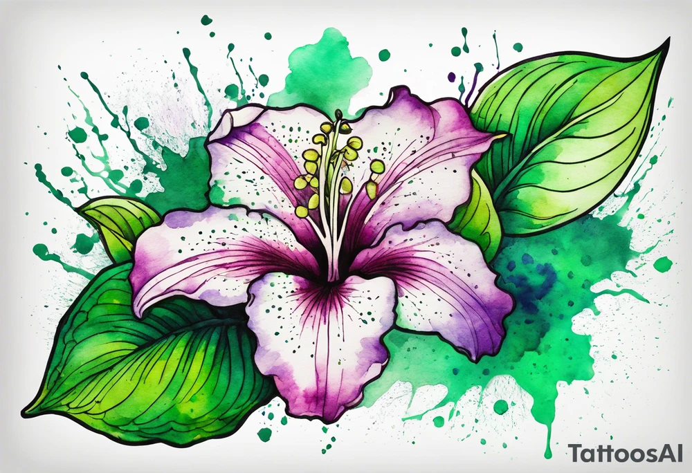 An outline of an only green rio dipladenia flower and a green and purple watercolor splash in the background tattoo idea