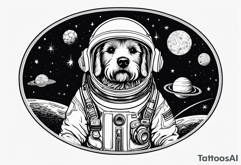 poodle mix dog in a space suit floating outline tattoo idea