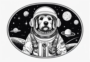 poodle mix dog in a space suit floating outline tattoo idea