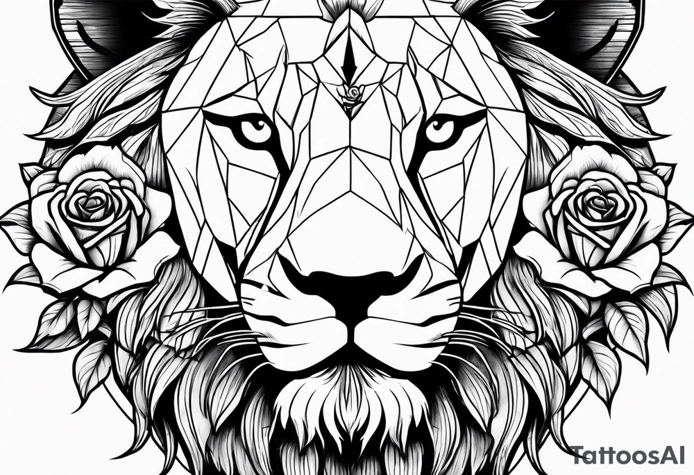 powerful lion with time clock and rose tattoo idea