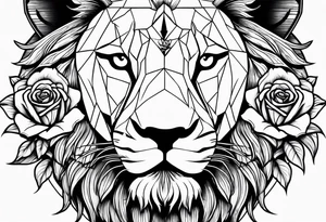 powerful lion with time clock and rose tattoo idea