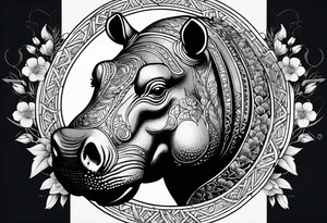 A symbolic hippo head with a detailed realistic full moon on upper right corner and wintersweet flower on lower left corner tattoo idea