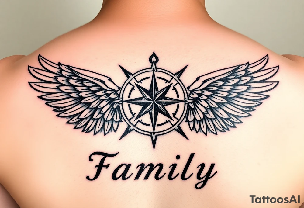 family written in norsk underneath that have the norsk compass and underneath that have the valkyrie wings supporting the compass tattoo idea