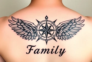family written in norsk underneath that have the norsk compass and underneath that have the valkyrie wings supporting the compass tattoo idea