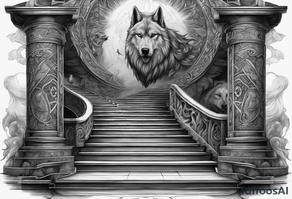 a staircase to valhalla with a big face of  the god Odin at its end. On the side of the stair is a pack ow wolves. Also add in a a pair of doves and two ravens tattoo idea