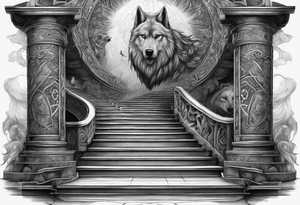 a staircase to valhalla with a big face of  the god Odin at its end. On the side of the stair is a pack ow wolves. Also add in a a pair of doves and two ravens tattoo idea