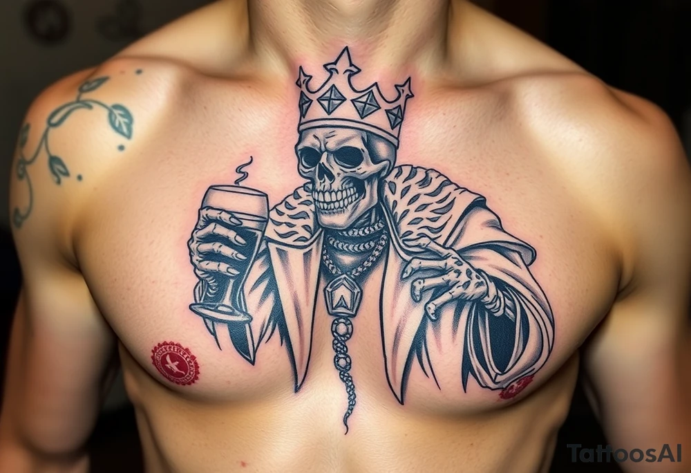 evil skeleton king in clothes having a good time getting drunk tattoo idea