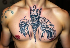 evil skeleton king in clothes having a good time getting drunk tattoo idea