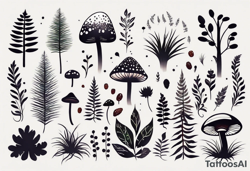 forest floor inspired minimalist tattoo, which includes grass, curly ferns, moss and dead leaves as the bulk of the tattoo. details to include: forest berries, a tiny bumblebee flying nearby, three small brown mushrooms
Generate a vertically long one tattoo idea
