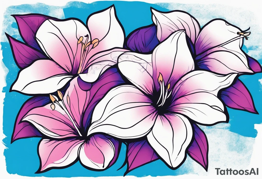 negative space linework mandevilla flowers over a brushstroke background of blue, pink and purple tattoo idea