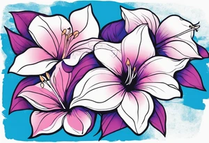 negative space linework mandevilla flowers over a brushstroke background of blue, pink and purple tattoo idea