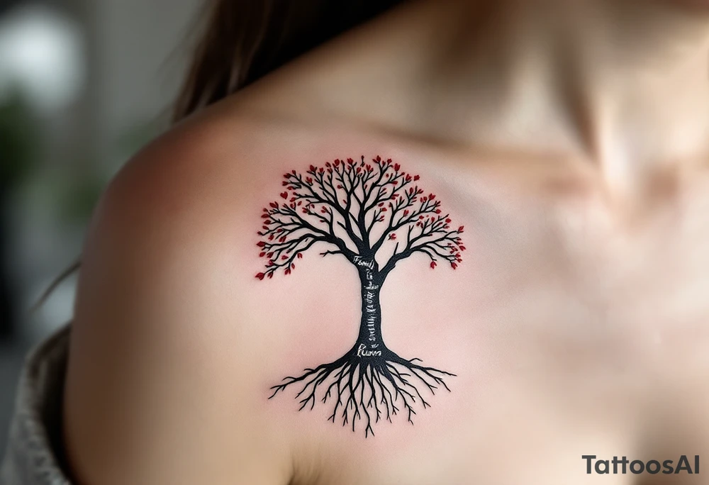 Tree shaped like a human silhouette, trunk forming the body, branches as arms. Names "Tereza, Adam, Josef, Klára"  spiraling up the limbs, roots forming “Family is forever” in script. Black and gray realism with subtle red accents. tattoo idea