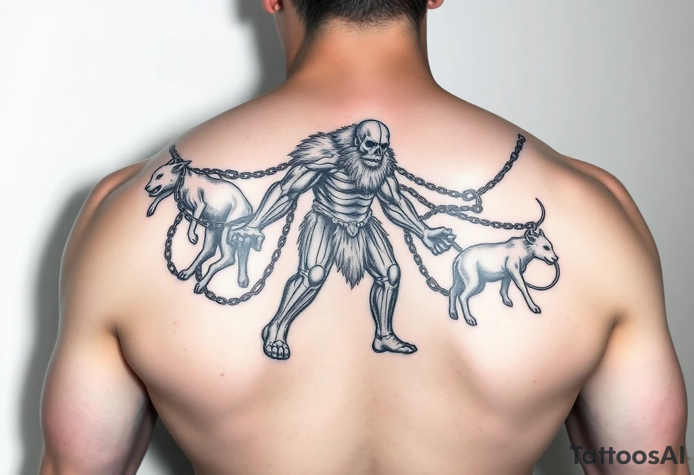 A giant walking with animals on chains tattoo idea