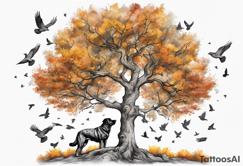 Autumn tree with a medium size grey brindle dog sitting to the right facing it looking up and birds flying from the top right of the tree far view tattoo idea