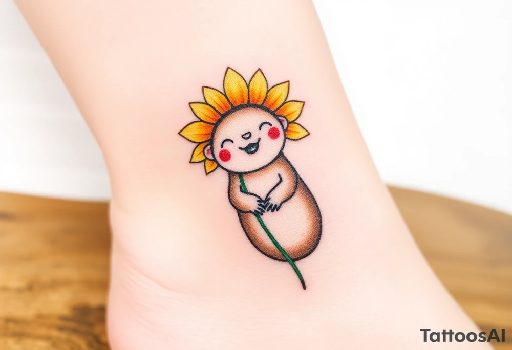 A joyful mole wearing a sunflower as a hat, with warm yellows, deep greens, and soft brown tones tattoo idea