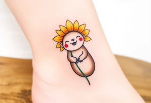 A joyful mole wearing a sunflower as a hat, with warm yellows, deep greens, and soft brown tones tattoo idea