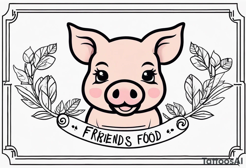 cute pig or piglet.
with text: "friends not food"
very thin lines
cartoonish style tattoo idea