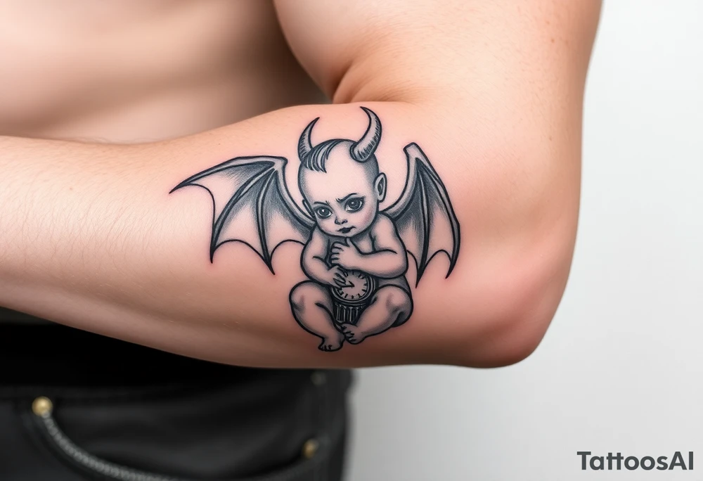 Demon baby with halo and angle wings and clock tower behind him tattoo idea