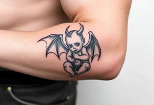 Demon baby with halo and angle wings and clock tower behind him tattoo idea