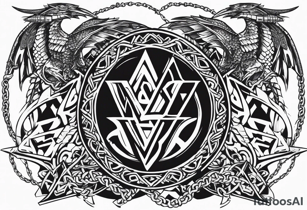 Valhalla sword shield dragon axe Valknut barbed wire chains tribal tattoo idea Valhalla sword shield dragon axe Valknut barbed wire chains tribal tattoo idea
