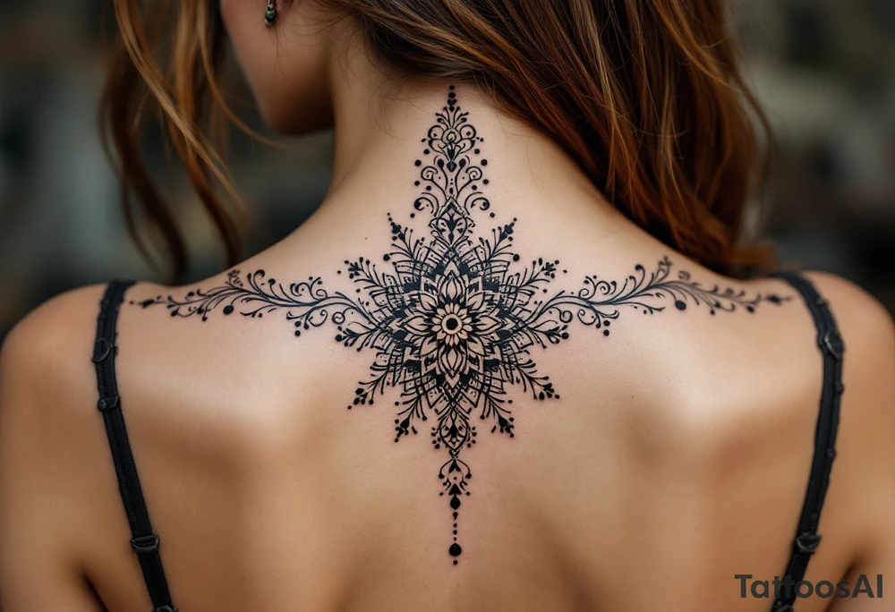 spine tattoo design with symmetrical ornamental patterns, combining dotwork, mandala elements, and flowing lines that follow the natural curves of the body. The design is intricate and balanced.” tattoo idea