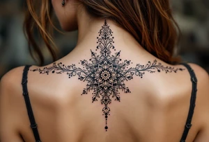 spine tattoo design with symmetrical ornamental patterns, combining dotwork, mandala elements, and flowing lines that follow the natural curves of the body. The design is intricate and balanced.” tattoo idea