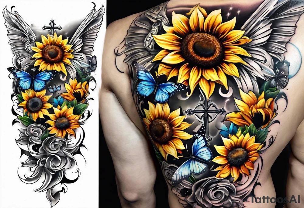 Arm sleeve with Winged cross with sunflower and butterflies tattoo idea