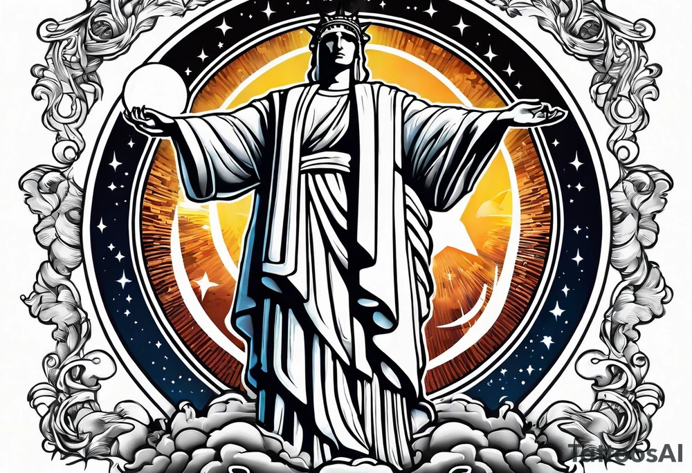 Sun and moon seen behind clouds over Christ the redeemer statue tattoo idea