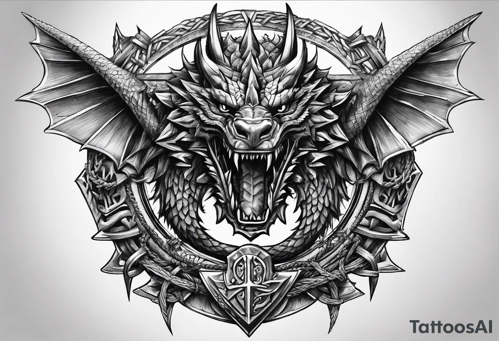 Valhalla sword shield dragon axe Valknut barbed wire chains tattoo idea Valhalla sword shield dragon axe Valknut barbed wire chains tattoo idea