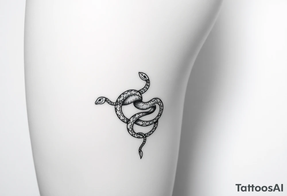 Fine-line thigh tattoo, wrapped chain made of intertwined snakes Medusa-inspired symbolism, feminine, dainty, large piece from hip to thigh tattoo idea