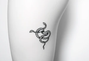 Fine-line thigh tattoo, wrapped chain made of intertwined snakes Medusa-inspired symbolism, feminine, dainty, large piece from hip to thigh tattoo idea
