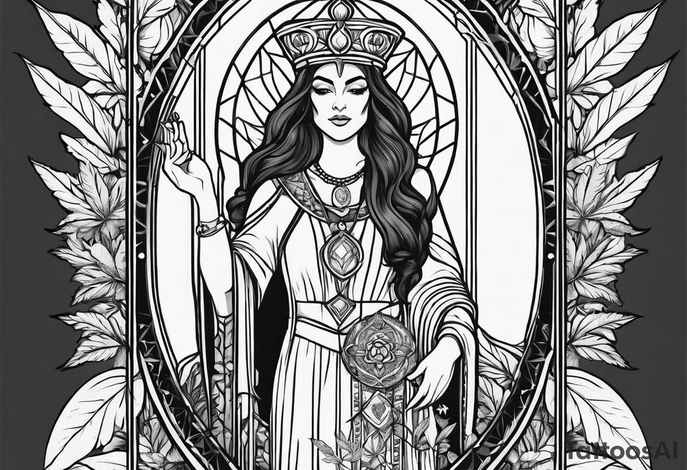 High priestess full tarot card cannabis basic simple 
line work tattoo idea