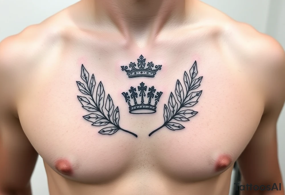 Chest tattoo, two bay leaf and crown between tattoo idea