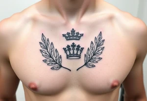 Chest tattoo, two bay leaf and crown between tattoo idea