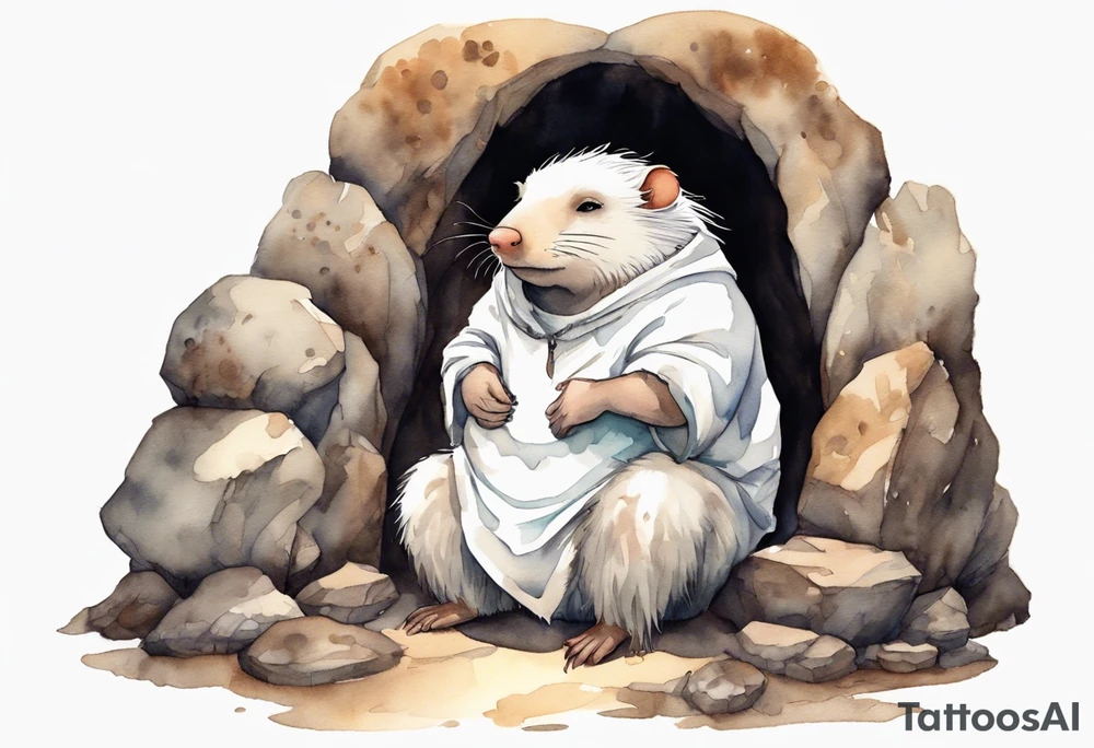 a solitary fat female mole with skin covered in short white fur with brown dreadlocks sitting in stone throne in a cave tattoo idea