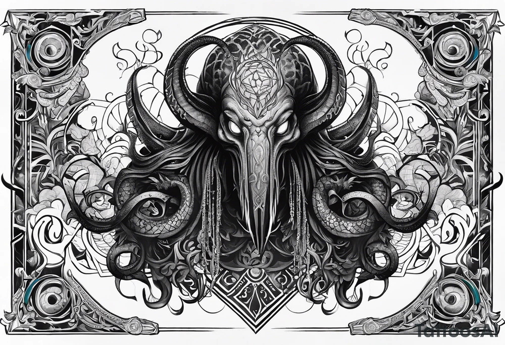 Long tattoo for arm. Lovecraftian creature, protecting a heart. Ctulhu. tattoo idea