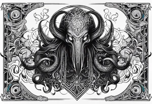 Long tattoo for arm. Lovecraftian creature, protecting a heart. Ctulhu. tattoo idea