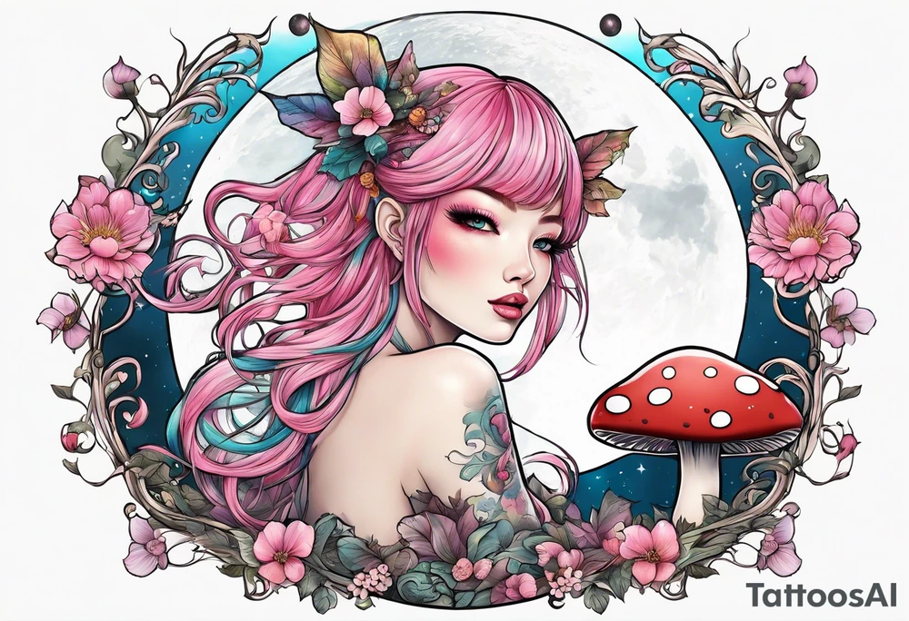 fairy with pink hair, eating a mushroom under the moon, tripping balls tattoo idea