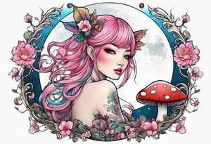 fairy with pink hair, eating a mushroom under the moon, tripping balls tattoo idea