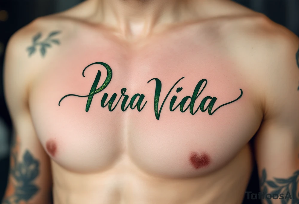 Flowy script “Pura Vida” entwined with a snake in muted forest green and desert sand hues. tattoo idea