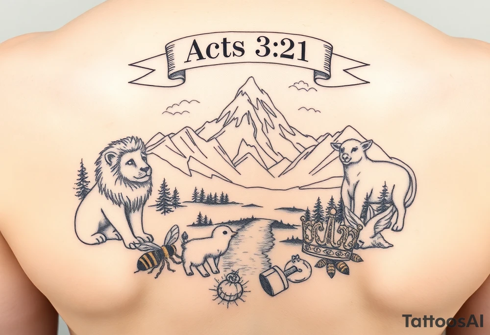 A beautiful heavenly mountain scene with a lake and river.  In it a lion, lamb, and a dove are protecting and playing with honeybees, a crown, a hammer, and a golden nugget.  An Acts 3:21 banner waves over the top of the scene tattoo idea