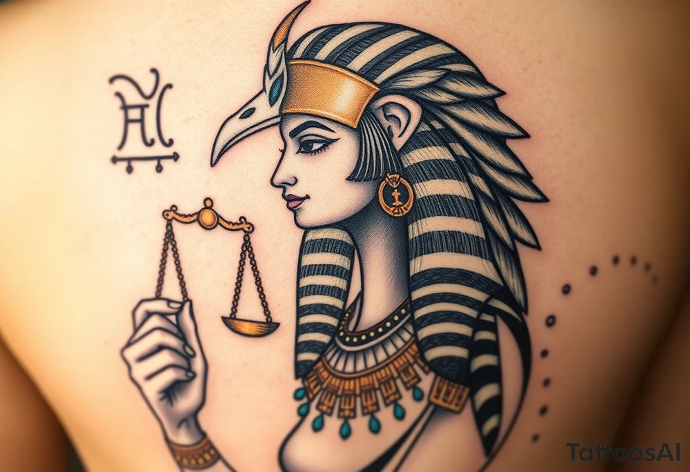 Super realistic tattoo design of the Egyptian goddess Ma’at, depicted as a serene and regal woman with an elegant ostrich feather on her head symbolizing truth and balance, wearing traditional ancient Egyptian attire with intricate gold and turquoise jewelry, holding scales of justice in one hand. The design features detailed facial features with soft natural lighting, realistic skin texture, and subtle shading to emphasize depth and dimension. Background elements include faint hieroglyphics and cosmic symbols representing order and harmony. Style: hyper-realistic, high detail, focused on symbolism and spiritual essence, suitable for upper arm or chest tattoo. tattoo idea