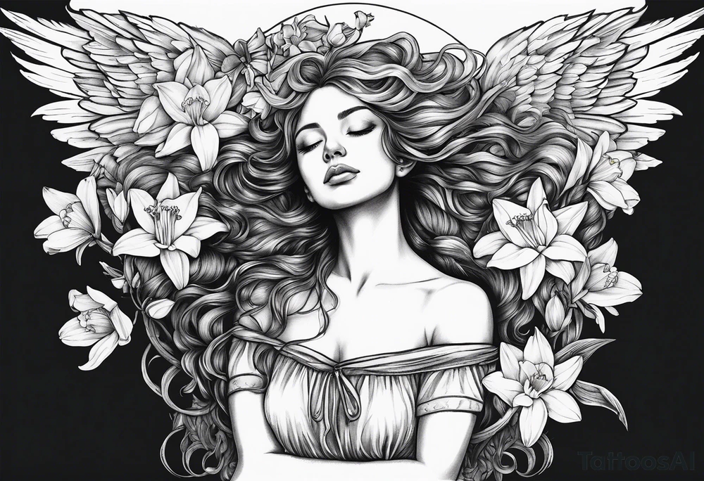 sad angel on swing from behind with head down and face covered by her hair surrounded by lily, daffodil, rose, daisy, narcissus tattoo idea