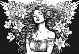 sad angel on swing from behind with head down and face covered by her hair surrounded by lily, daffodil, rose, daisy, narcissus tattoo idea