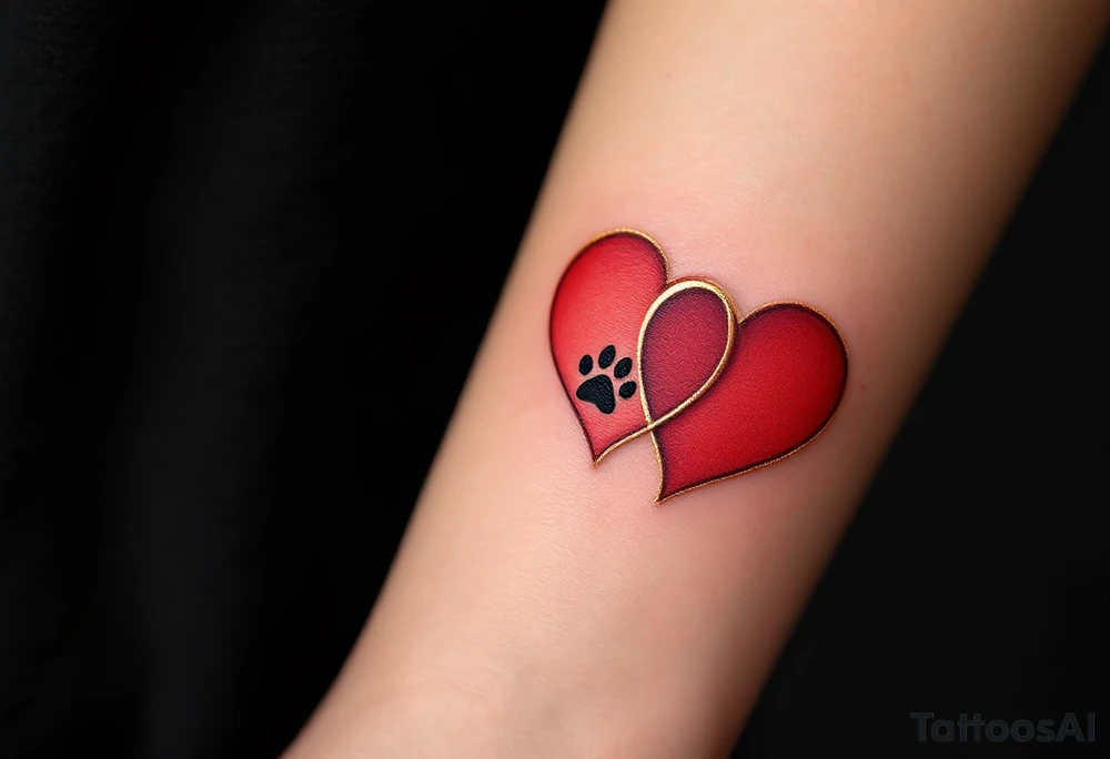 Two intertwined hearts, one in bold red and the other in soft gold. In the center, a small black paw print sits, symbolizing the love and connection shared with pets. The hearts are detailed with fine gold linework for a soft, elegant look. Red (for heart), Gold (for second heart and accents), Black (for paw print). tattoo idea
