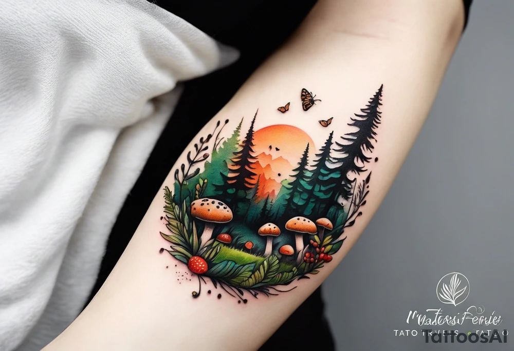 minimalistic forest floor inspired tattoo, which includes grass, moss, curly ferns and dead leaves as the bulk of the tattoo. details to include: forest berries, couple of very small brown mushrooms, a tiny bumblebee flying nearby tattoo idea
