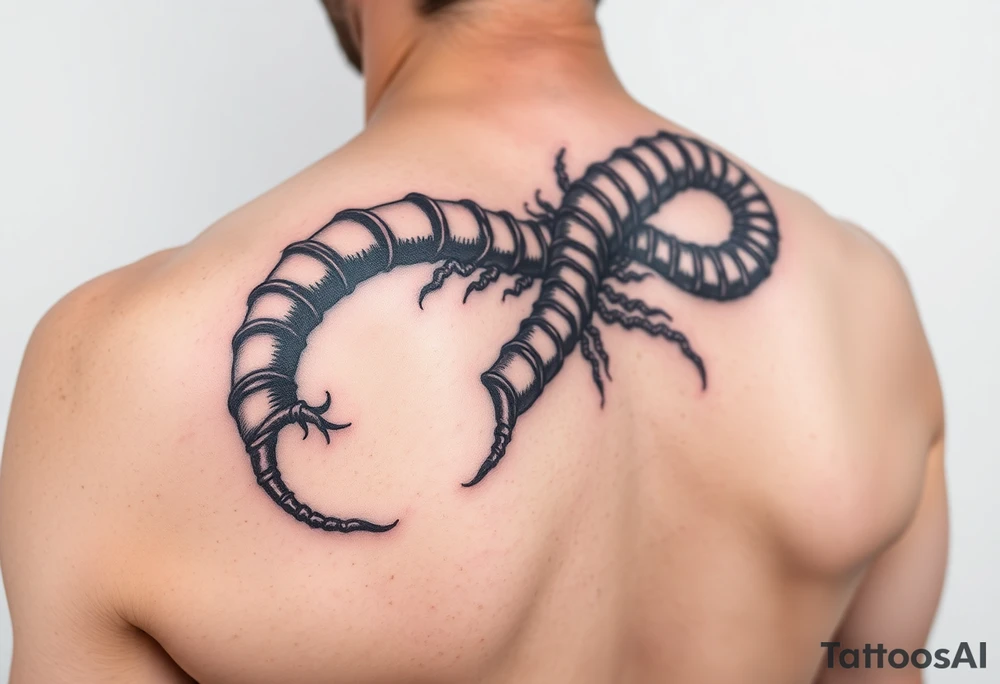 long centipede,heavy black segmented bodies, whip-like legs, and that coiled, almost calligraphic flow tattoo idea