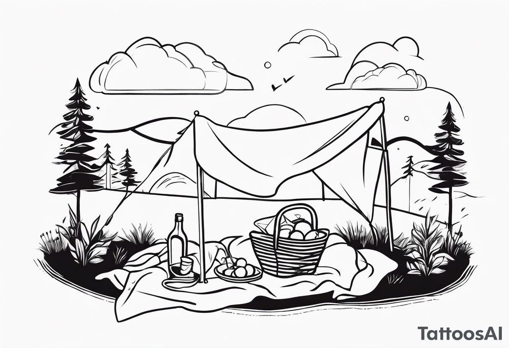 Very light and minimalstic picnic scene in nature. A blanket, picnic-basket with lid, pillows and pennants. Thin lines. tattoo idea