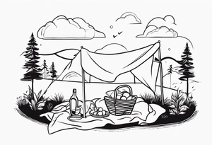 Very light and minimalstic picnic scene in nature. A blanket, picnic-basket with lid, pillows and pennants. Thin lines. tattoo idea