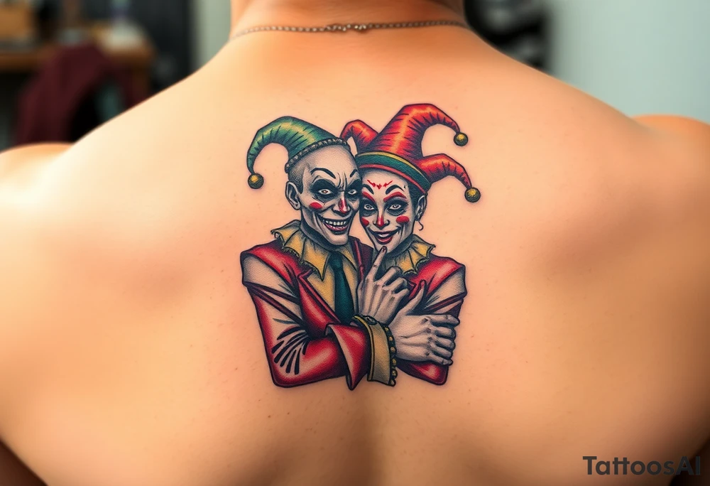 a toxic jester couple holding each other with cheeks being pulled to force smile tattoo idea